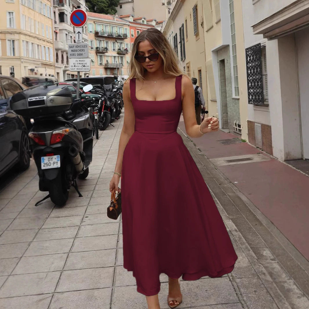 Women's Square Collar Sleeveless Waist Trimming Spaghetti Dress