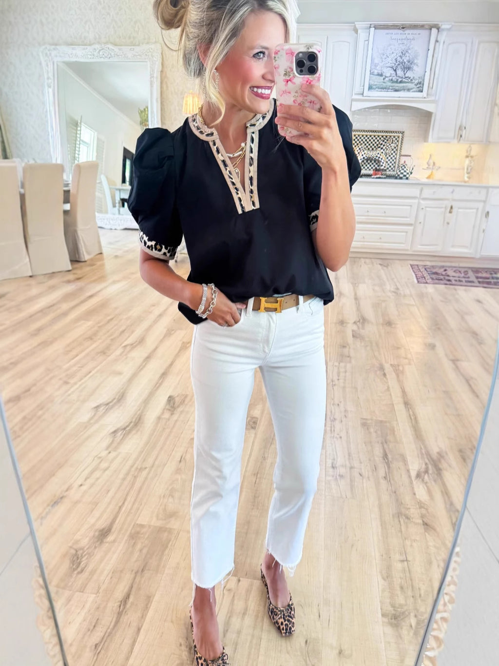 Pullover Leopard Print Contrast Color Puff Sleeve Fashionable Elegant Blouse