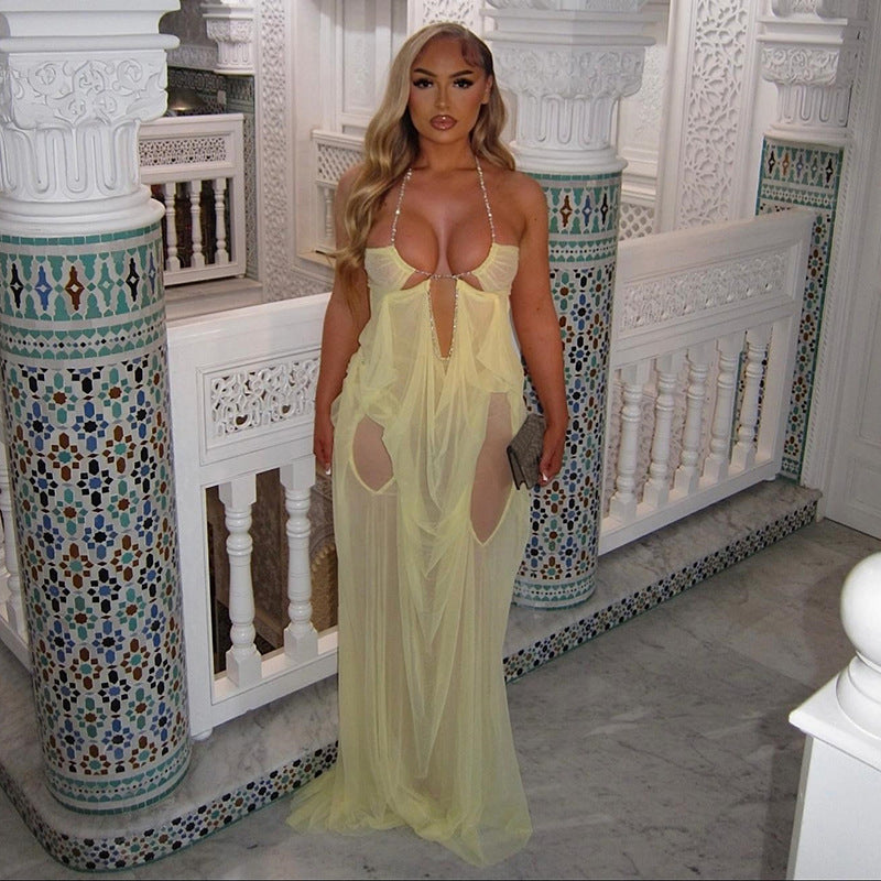 Women's Summer Vacation Style Sexy Hot Mesh Low-cut Halter Dress