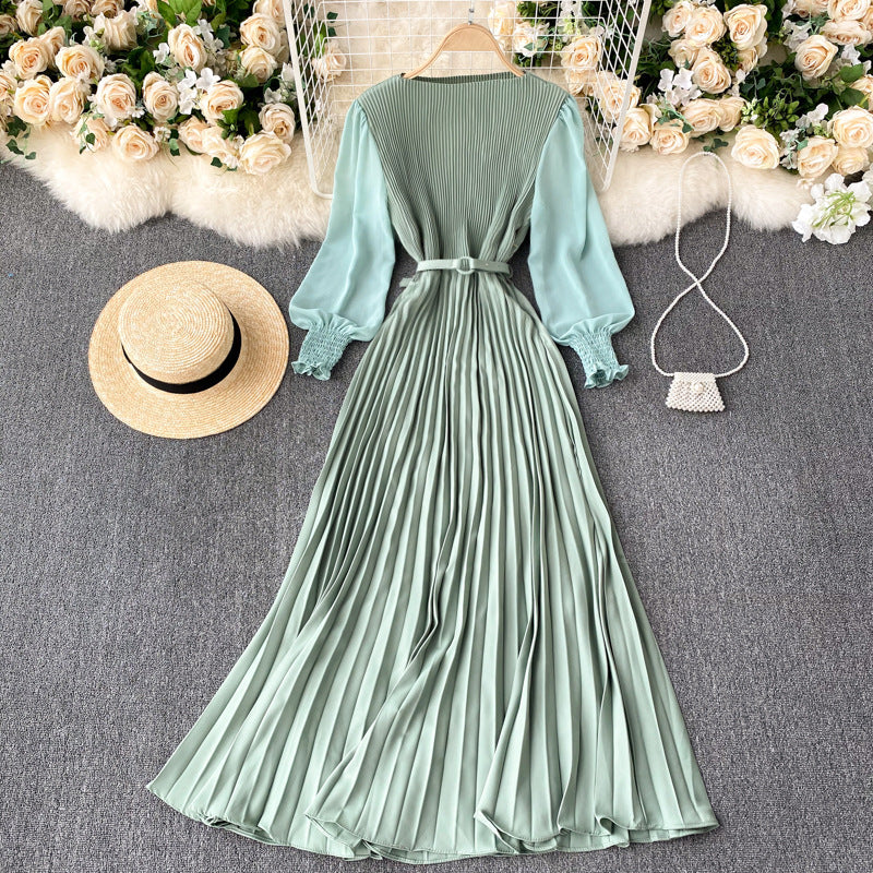 Women's Tight Waist Design Pleated Lightly Mature Dress