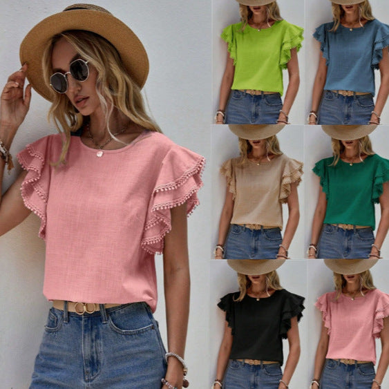 Women's Pleated Sleeves Round Neck Shirt Solid Color Casual Women's T-shirt