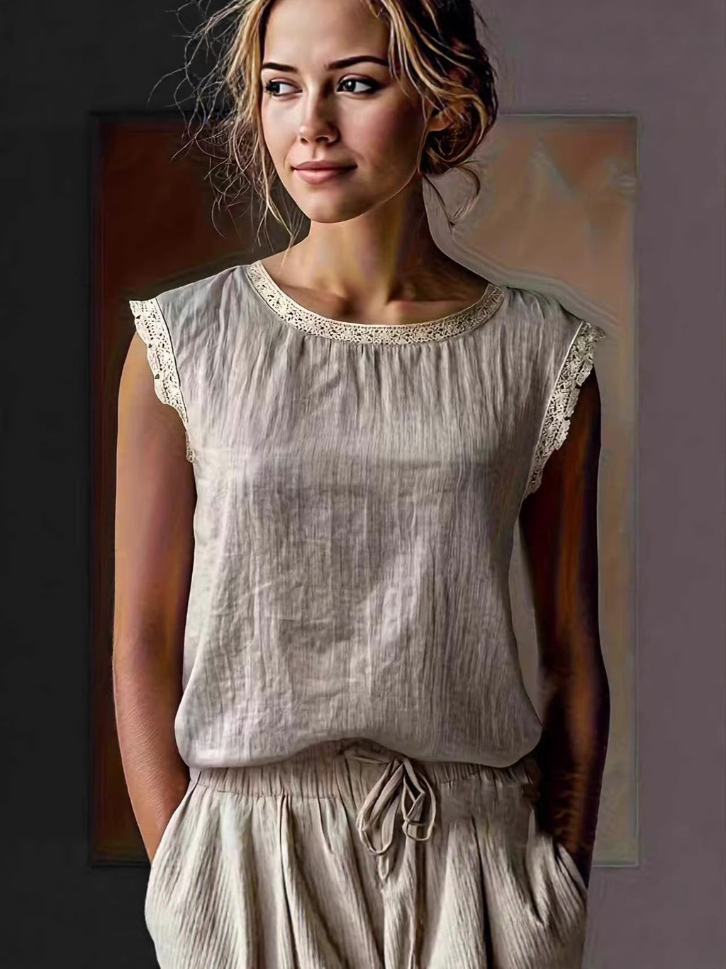 Women's Solid Color Round Neck Lace Stitching Sleeveless Linen Blouse