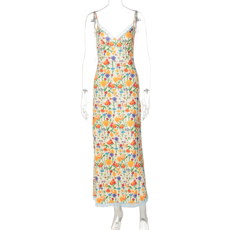 Women's Fashion Backless Printed Sexy Slip Lace Dress