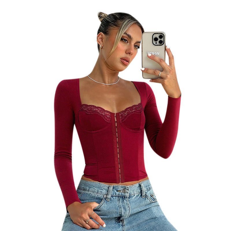 Women's Autumn Lace Edge Waist Slimming Solid Tops