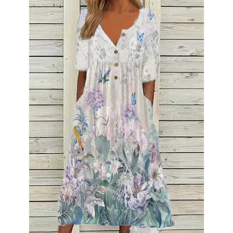 Women's Spring Printed Button Sleeve Pocket Dress