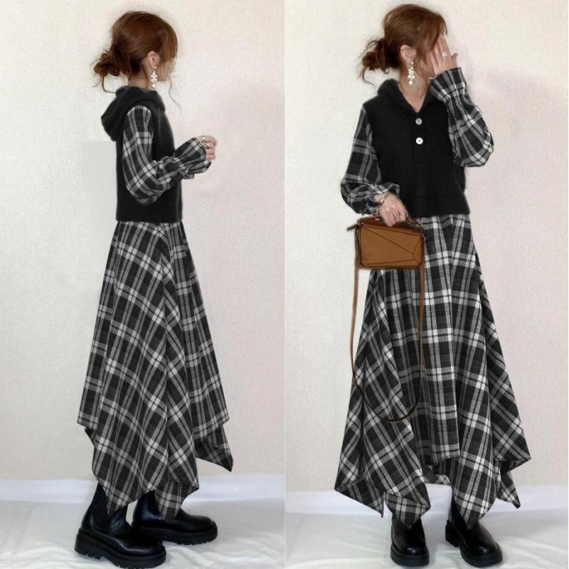 Autumn Loose Plaid Stitching Irregular Hem Dress