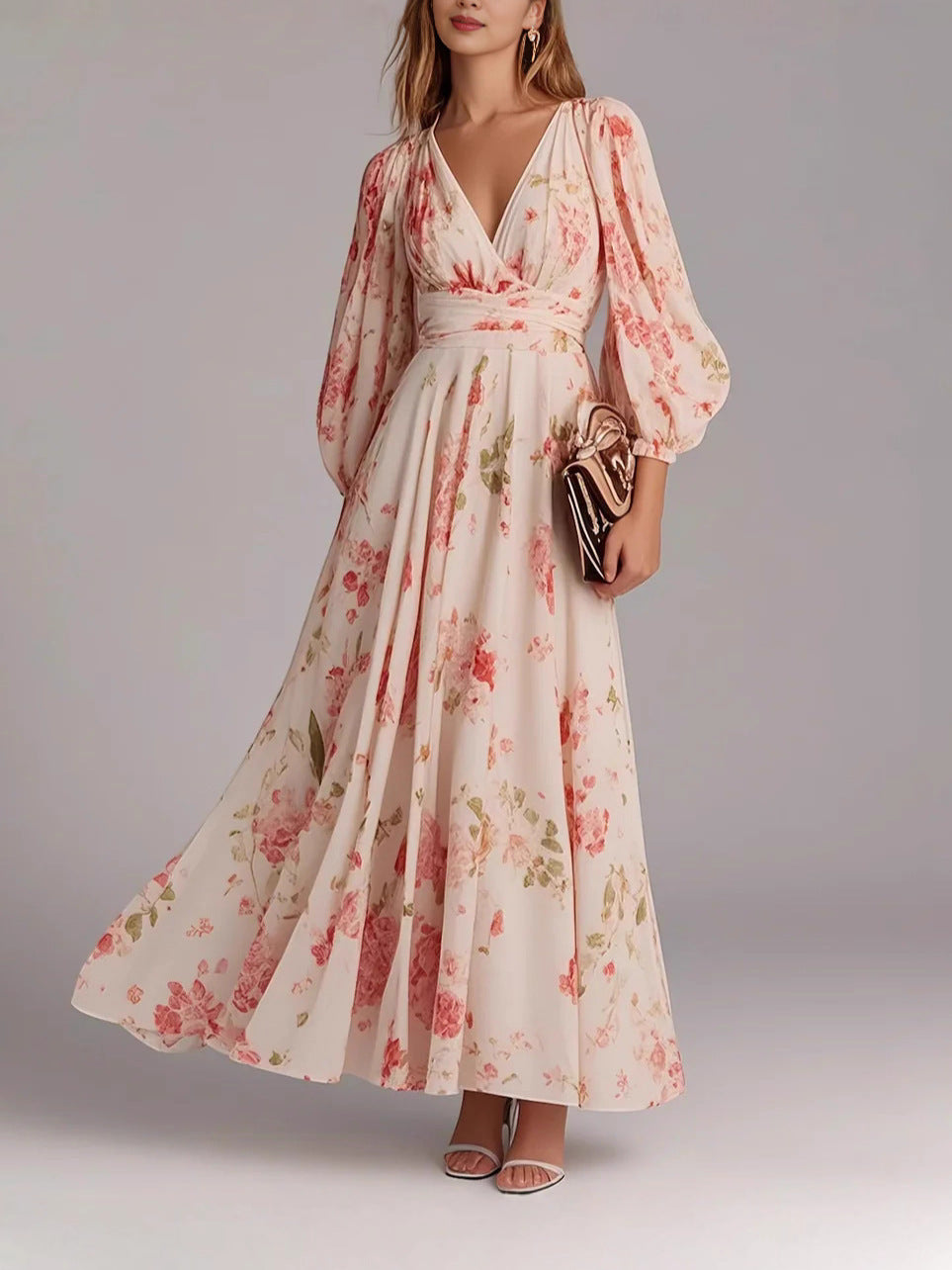 Vacation Style Lantern Sleeve Long French Dress