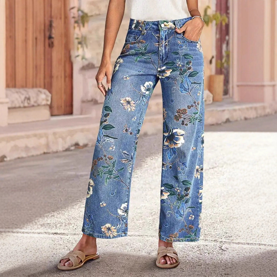 Pattern Straight High Waist Vintage Random Print Loose Jeans