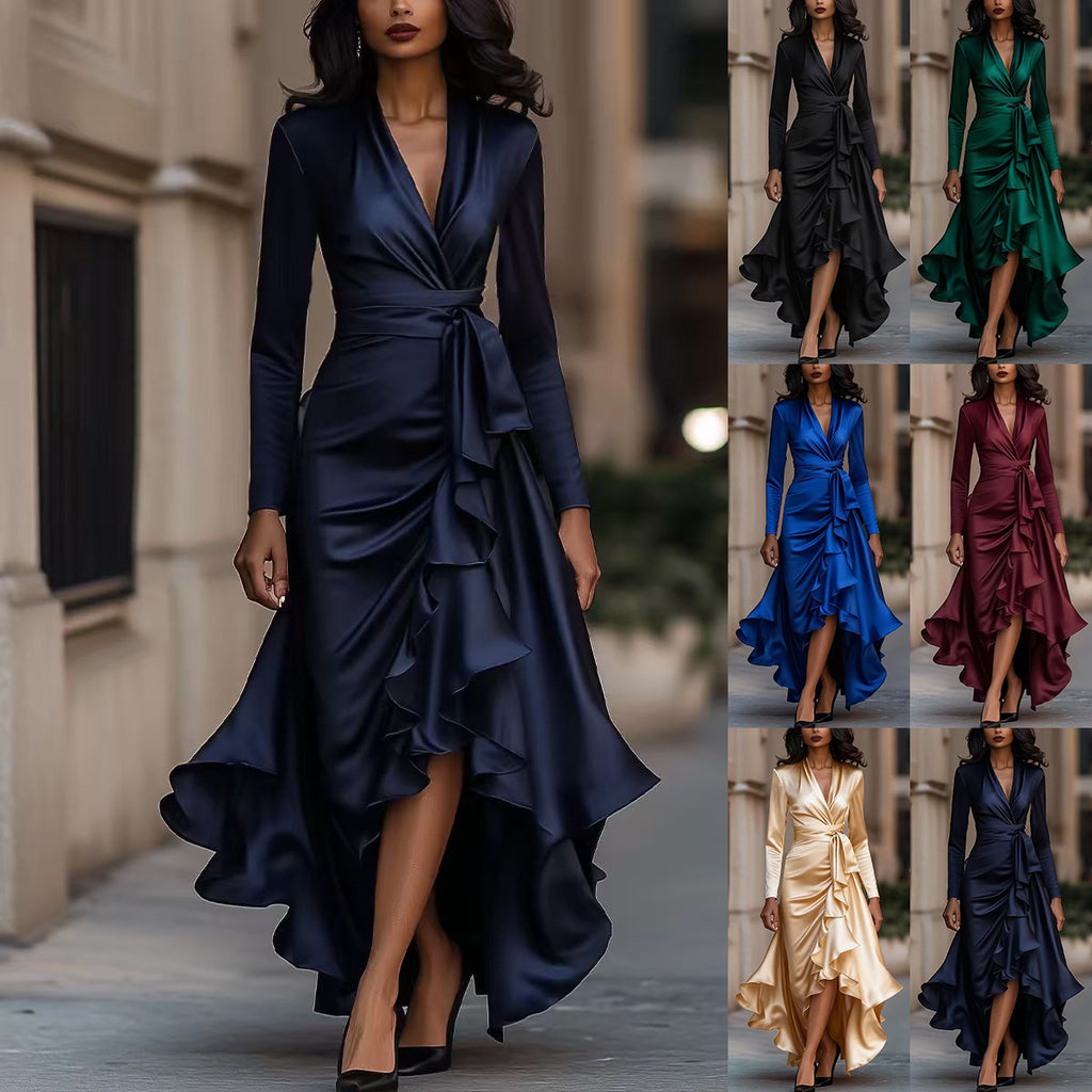 Women's Satin Waist Trimming Ruffles Elegant Dress