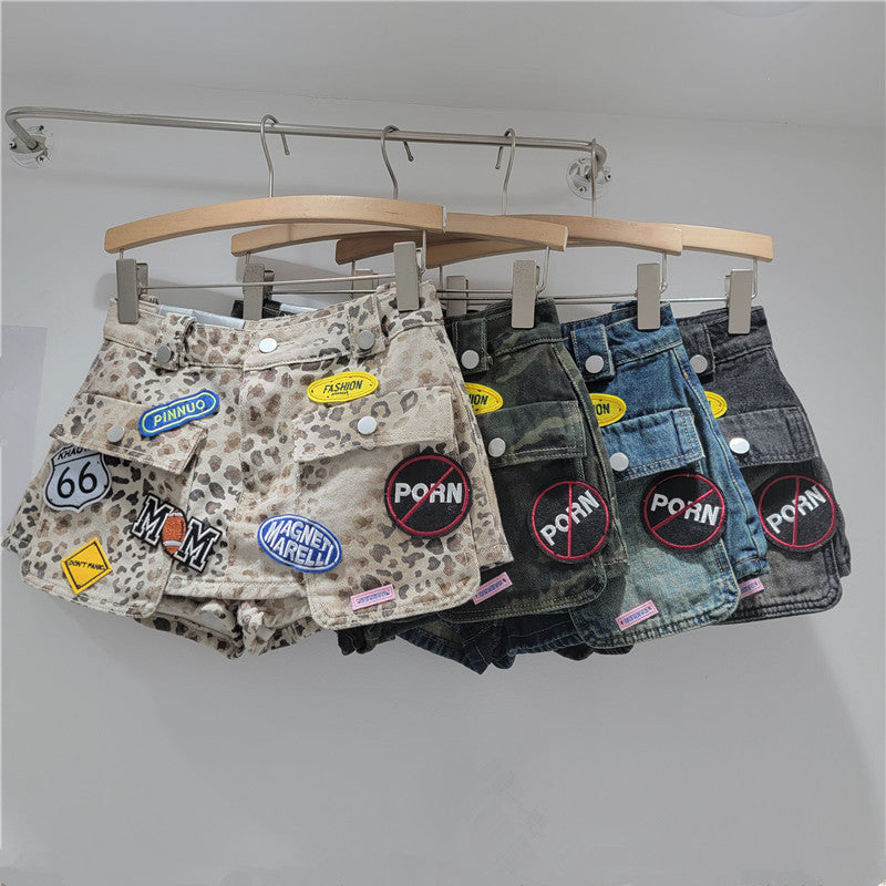 Leopard Print A- Line Large Pocket Denim High Waist Skirt