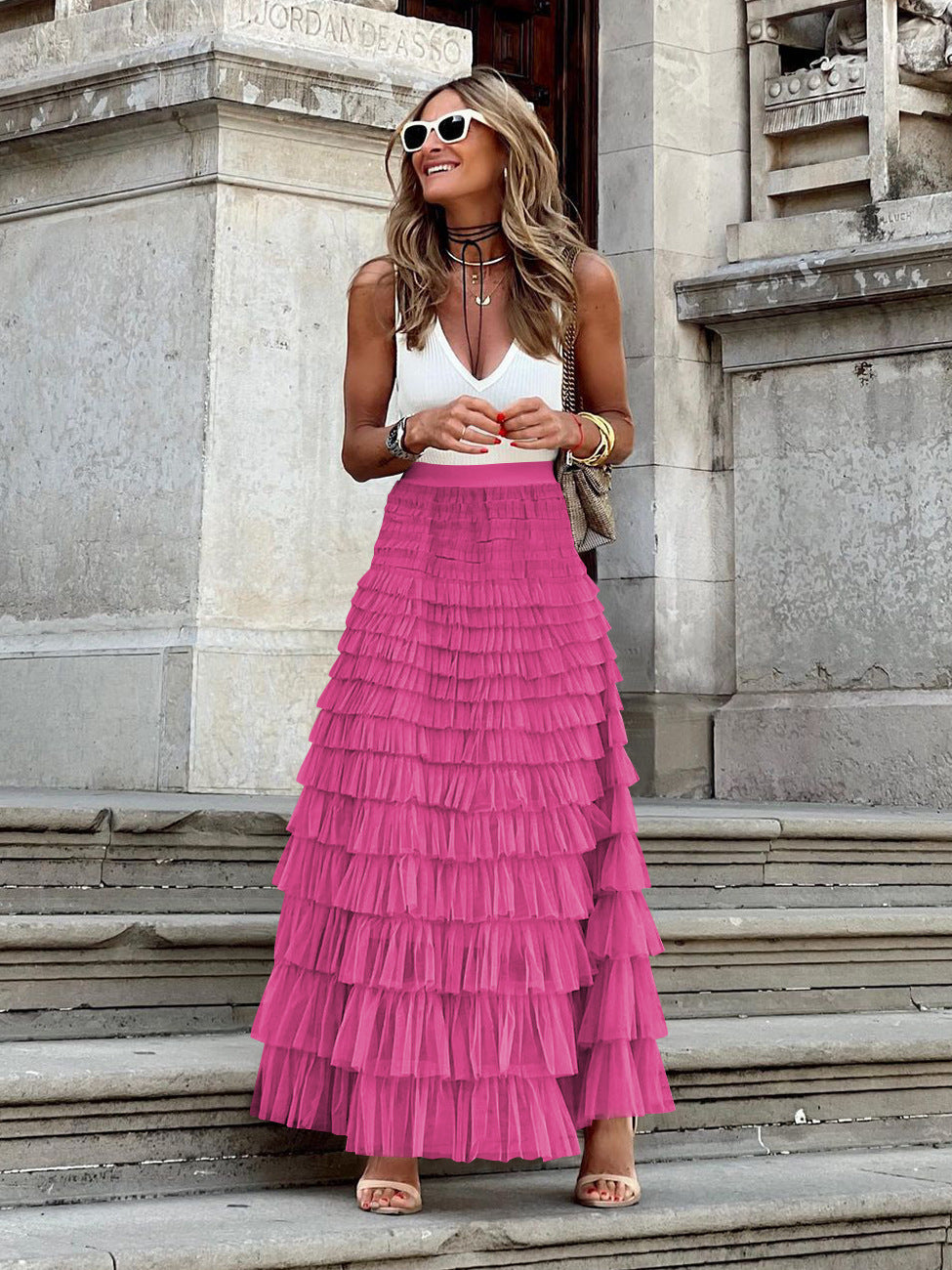 Women's French Style Long Autumn Elegant Solid Color High Waist Net Skirts