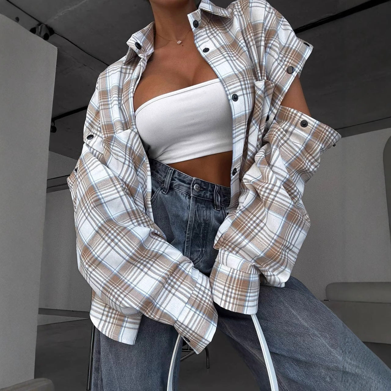 Beautiful Plaid Detachable Long Sleeve Large Pocket Retro Blouse