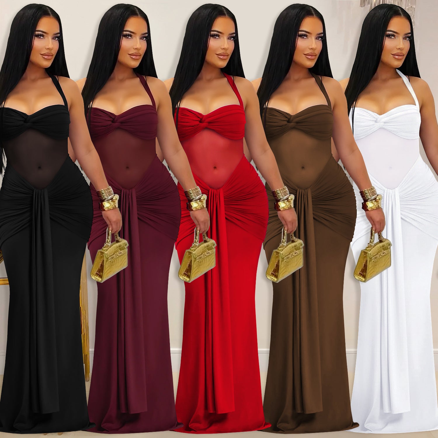 Women's Fashion Wear Sexy Mesh Halter Tied Dress