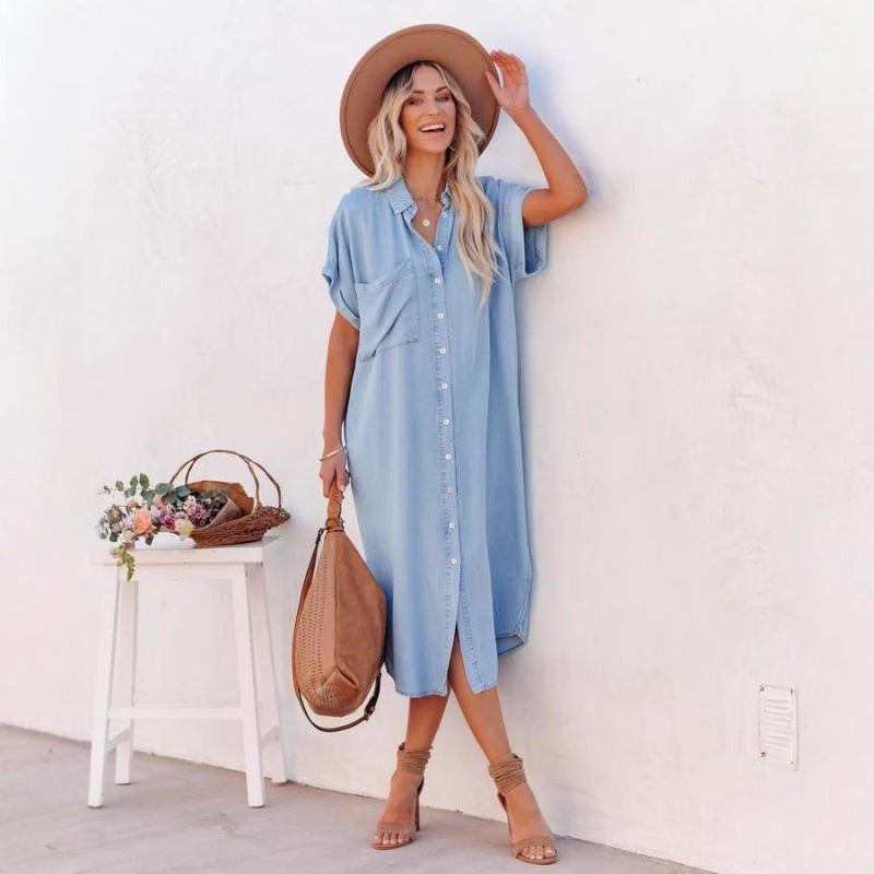 Fashion Solid Color Denim Sleeve Mid-length Shorts