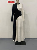 Women's Irregular Color Contrast Patchwork High Waist Pleated Slingback Long Dress