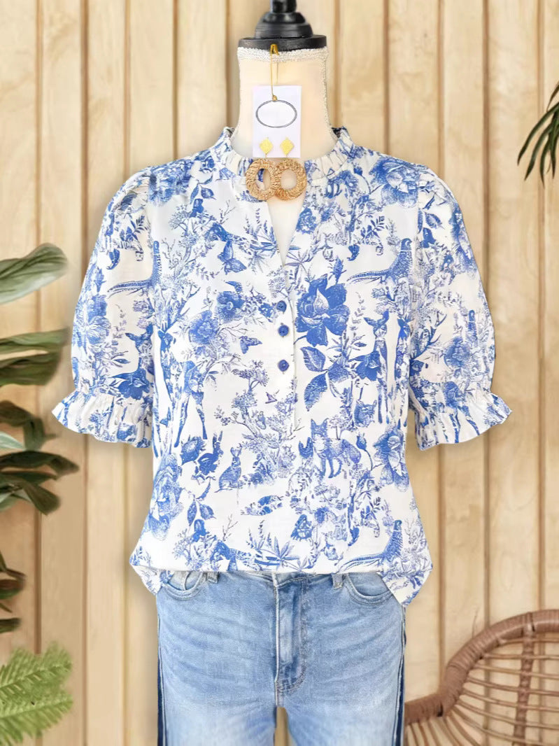 Women's French Style Temperament Wooden Ear Collar Slimming Solid Color Puff Blouse