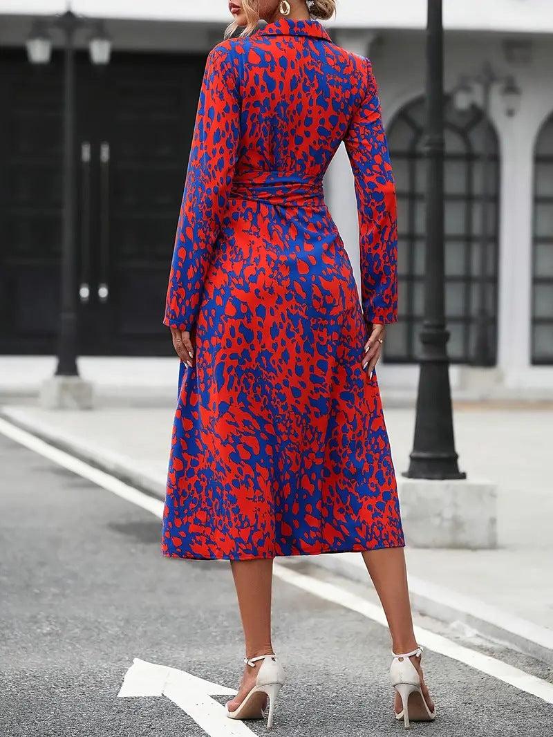 Printed Button Long Sleeve Waist A- Dress