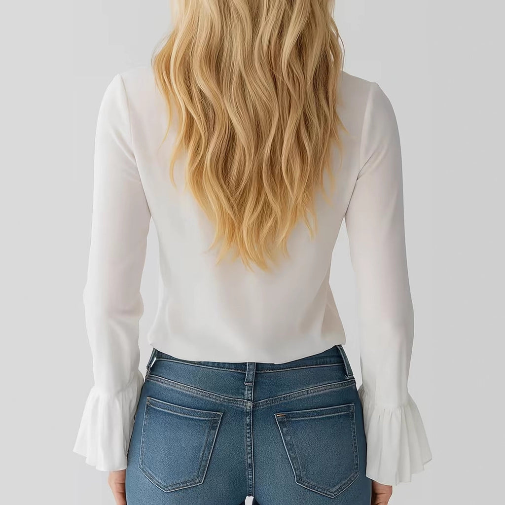 Spring French Elegant Ruffled Solid Color Puff Sleeve Blouse