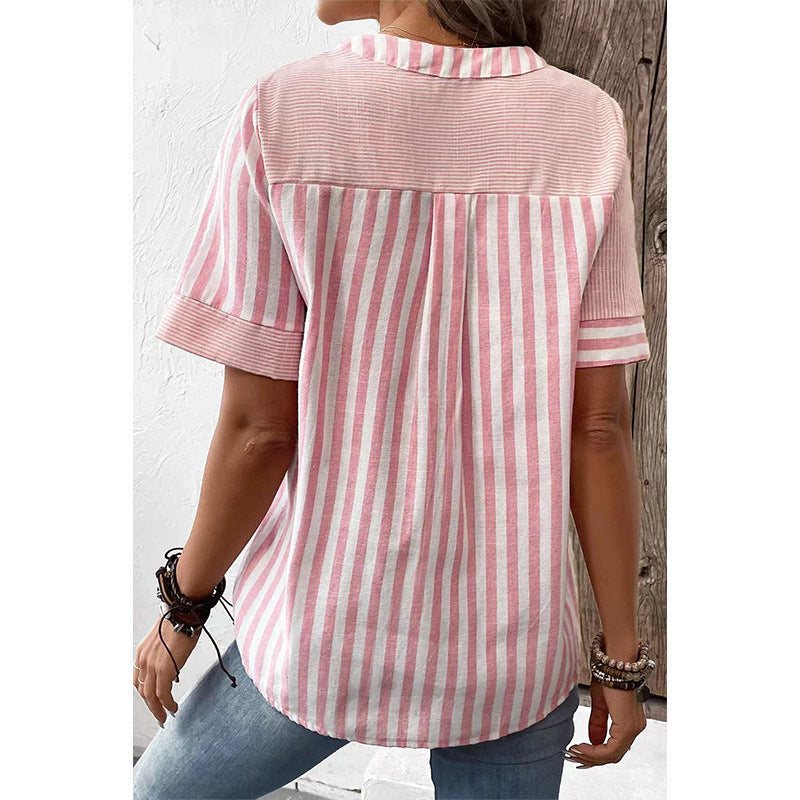 Women's Shirt Asymmetric Striped Stitching Cotton Linen Blouse