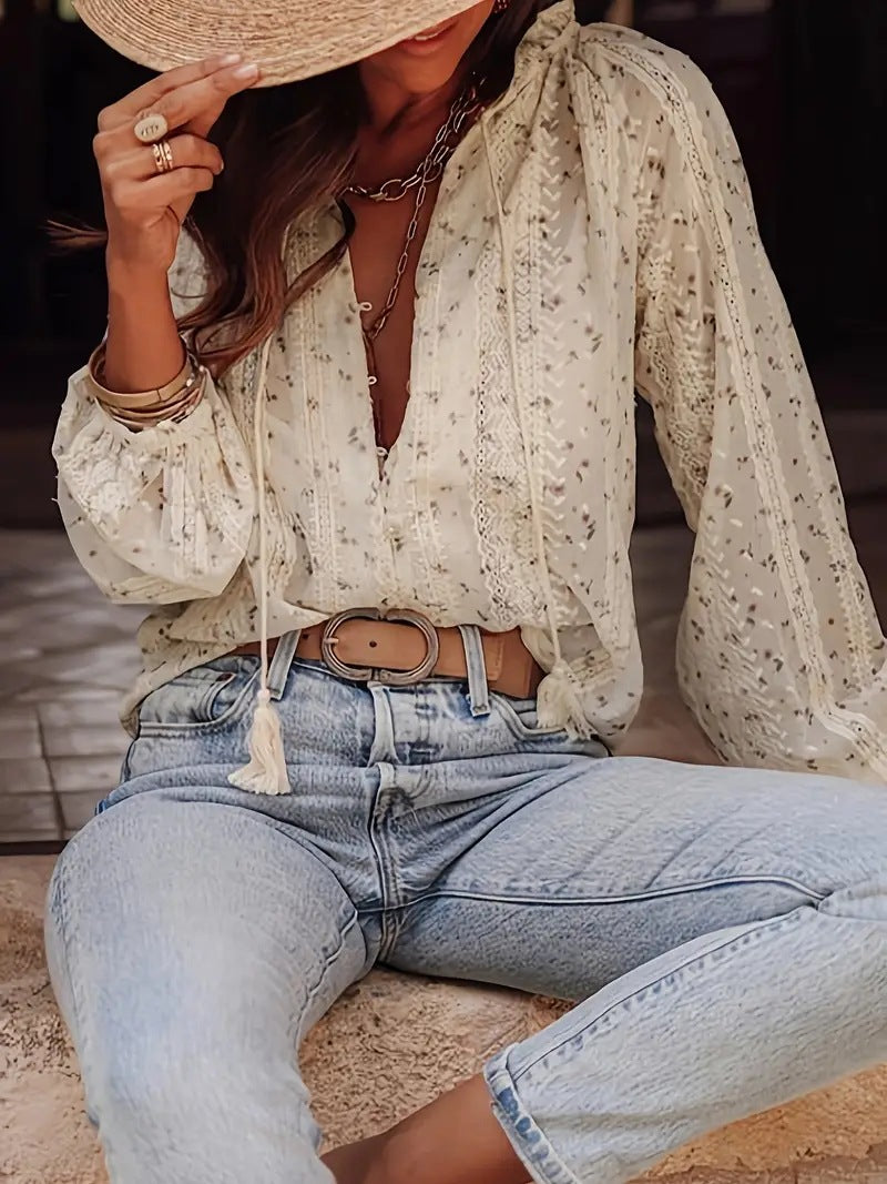 Women's Fashionable Floral Print Lace Stitching Tassel Blouse