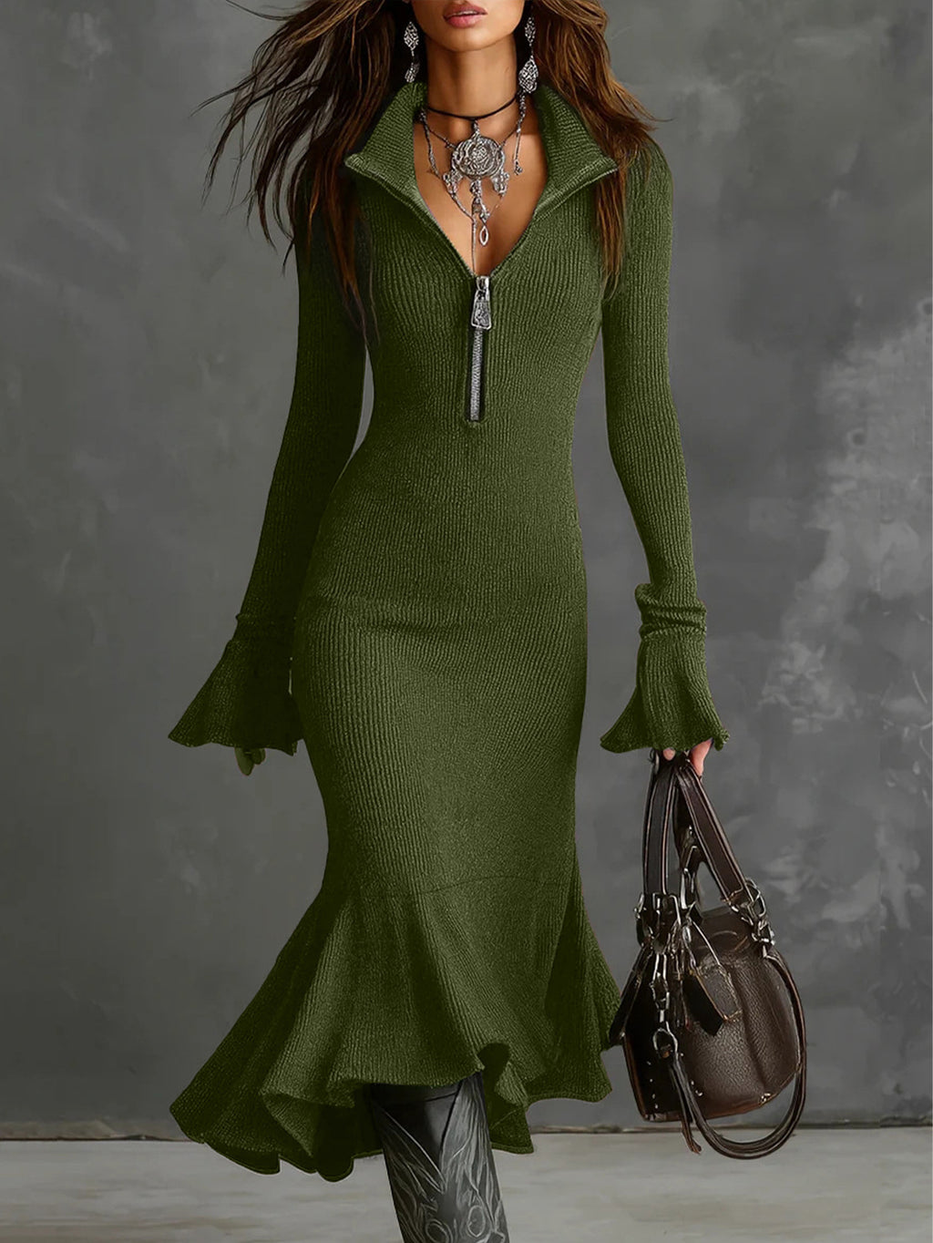 Fashion Elegant Graceful Zipper Lapel Bell Dress