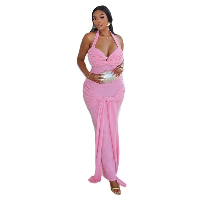 Women's Tight Cross Strap Backless Sheath Pleated Halter Dress