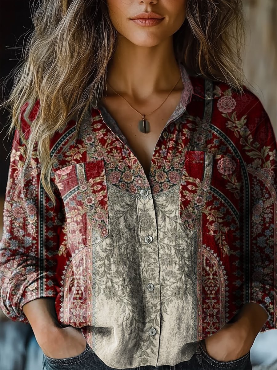 Women's Digital Printing Fashion Lapels Long Sleeve Blouse