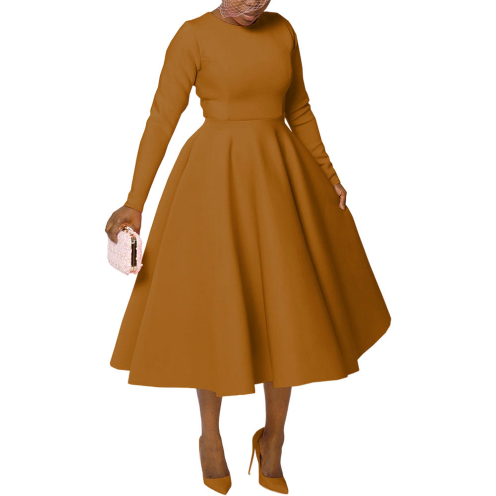 Women's Solid Color Round Neck Long Sleeve Flat Part Of Knife Dress