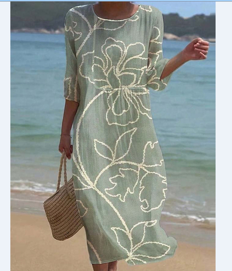 Sleeve Casual Printed Temperament Long Fitted Dress