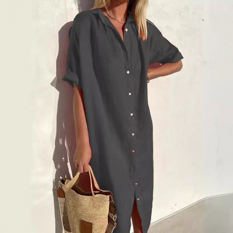 Women's Elegant Casual Loose Sleeves Button Cotton Linen Long Pocket Shorts