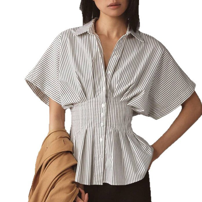 Trimming Shirt Leisure Striped Pleat Waisted Slim Fit Blouse