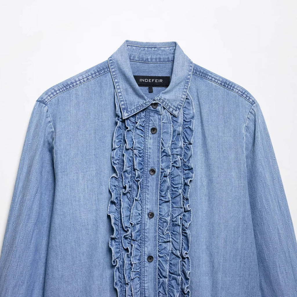 Women's Spring Fashion Loose Lapels Denim Solid Blouse