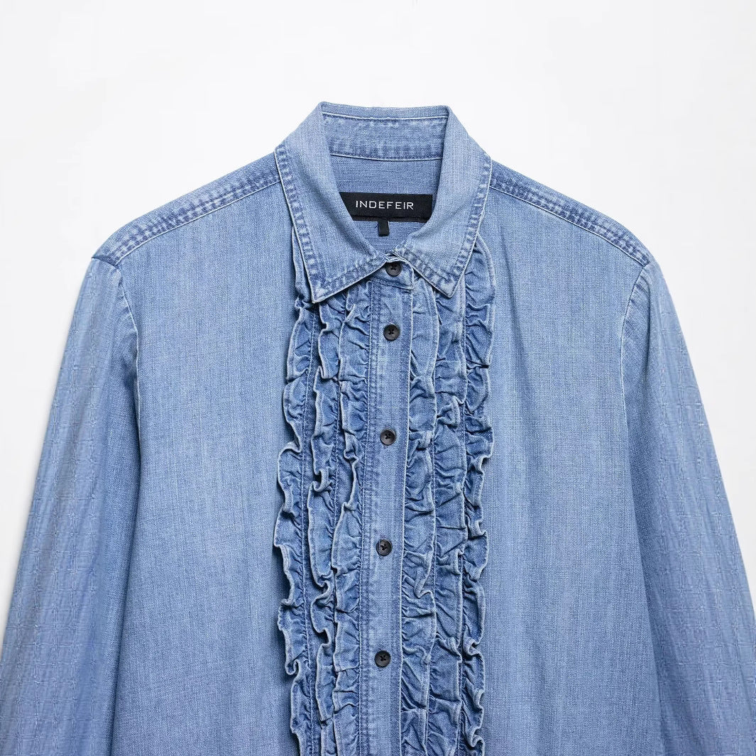 Women's Spring Fashion Loose Lapels Denim Solid Blouse