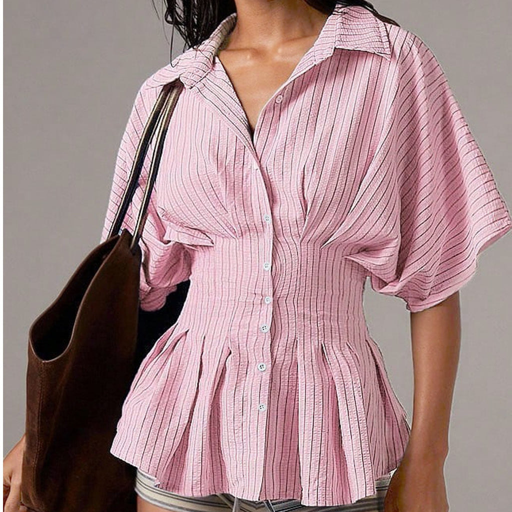 Trimming Shirt Leisure Striped Pleat Waisted Slim Fit Blouse