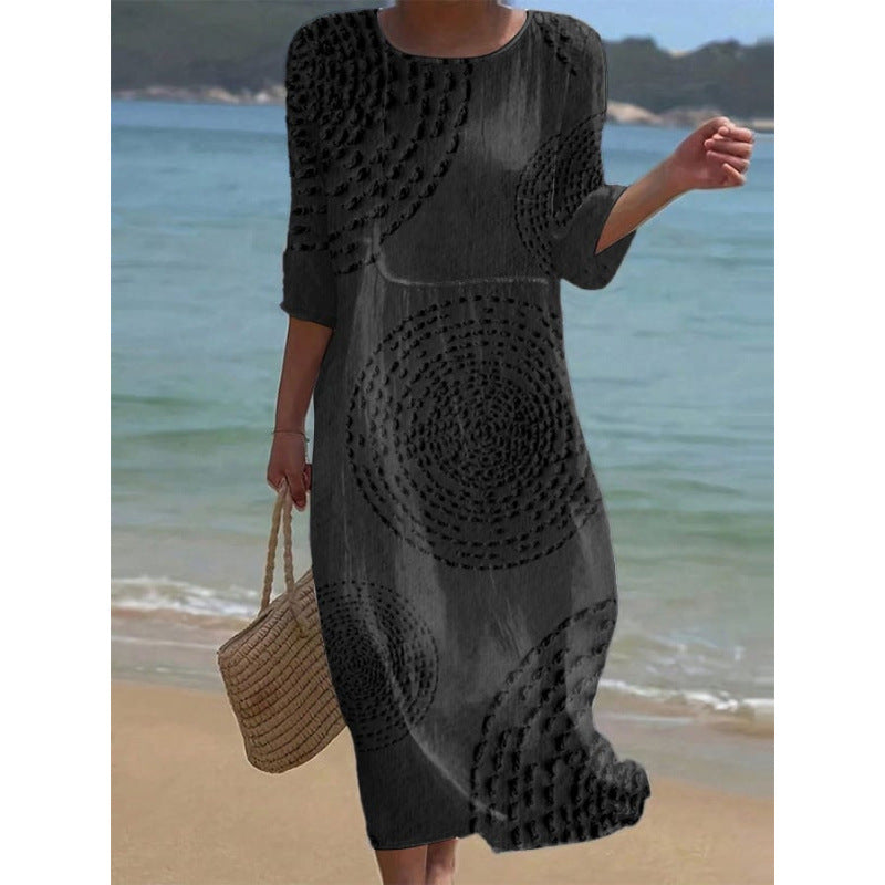 Women's Summer Loose Round Neck Fashion Long-sleeved Dress