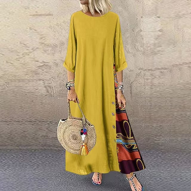 Floral Round Neck Contrast Color Button Dress