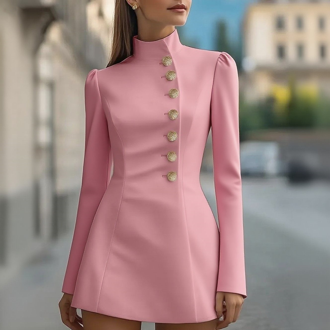 Women's Autumn Elegant Solid Color Sleeve Stand Collar Single-breasted Dress