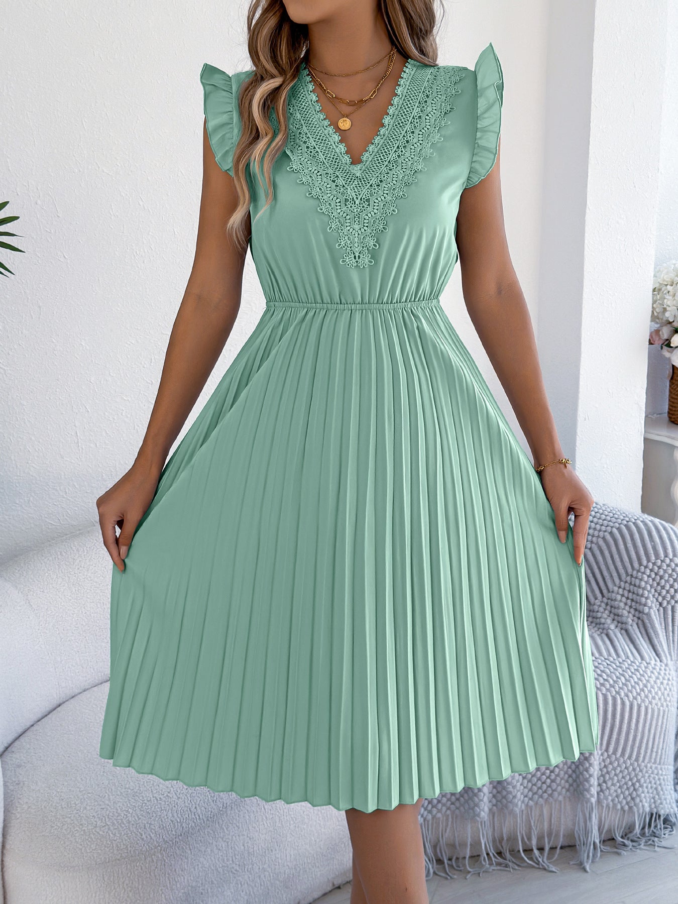 Women's Casual Lace Ruffled Cinched Pleated Dress