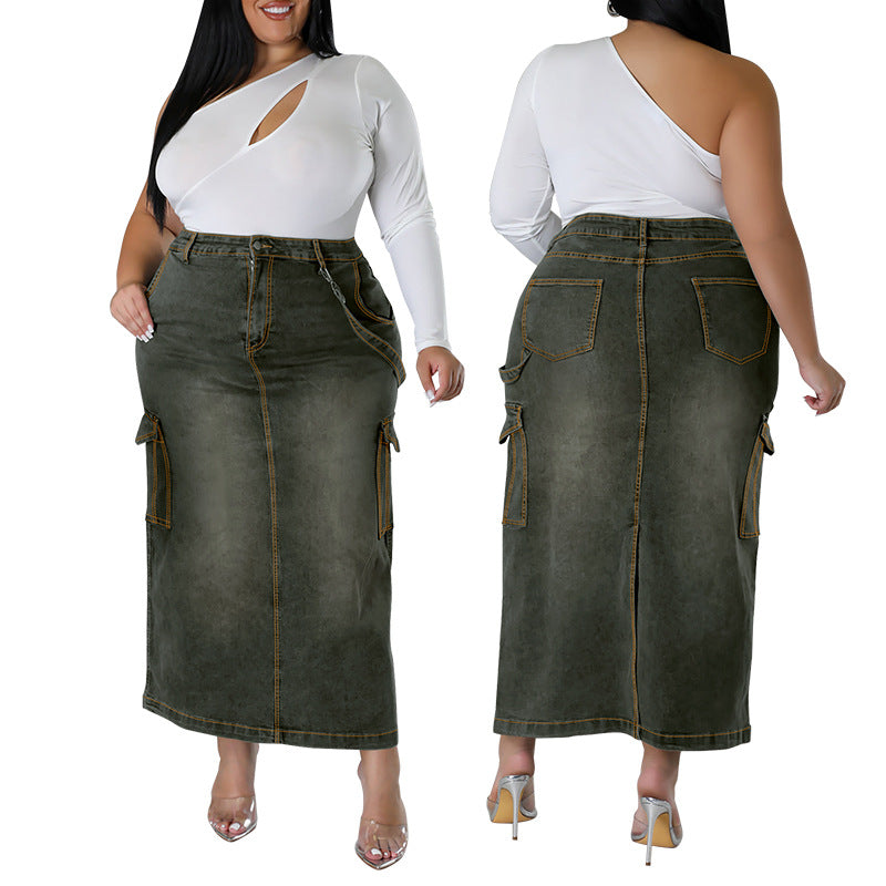 Women's Large Denim Decoration Sleeveless Split Long Skirt