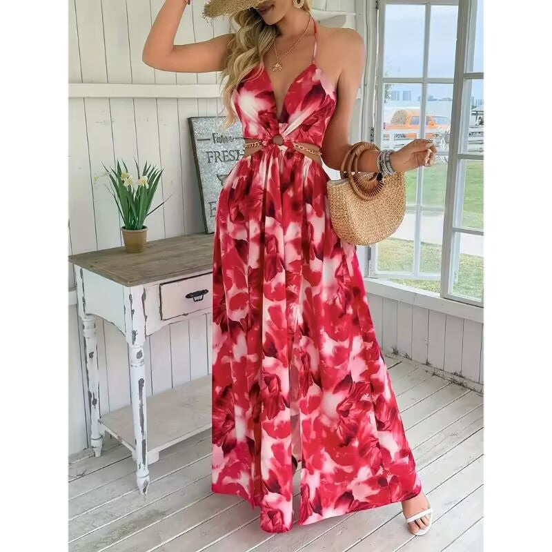 Women's Floral Backless Side Slit Suspender French Print Dress