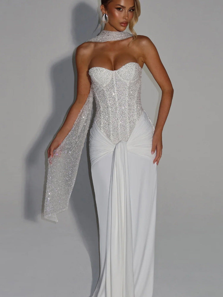 Women's Sequined Tube Long Slim Temperament Pleated Tops