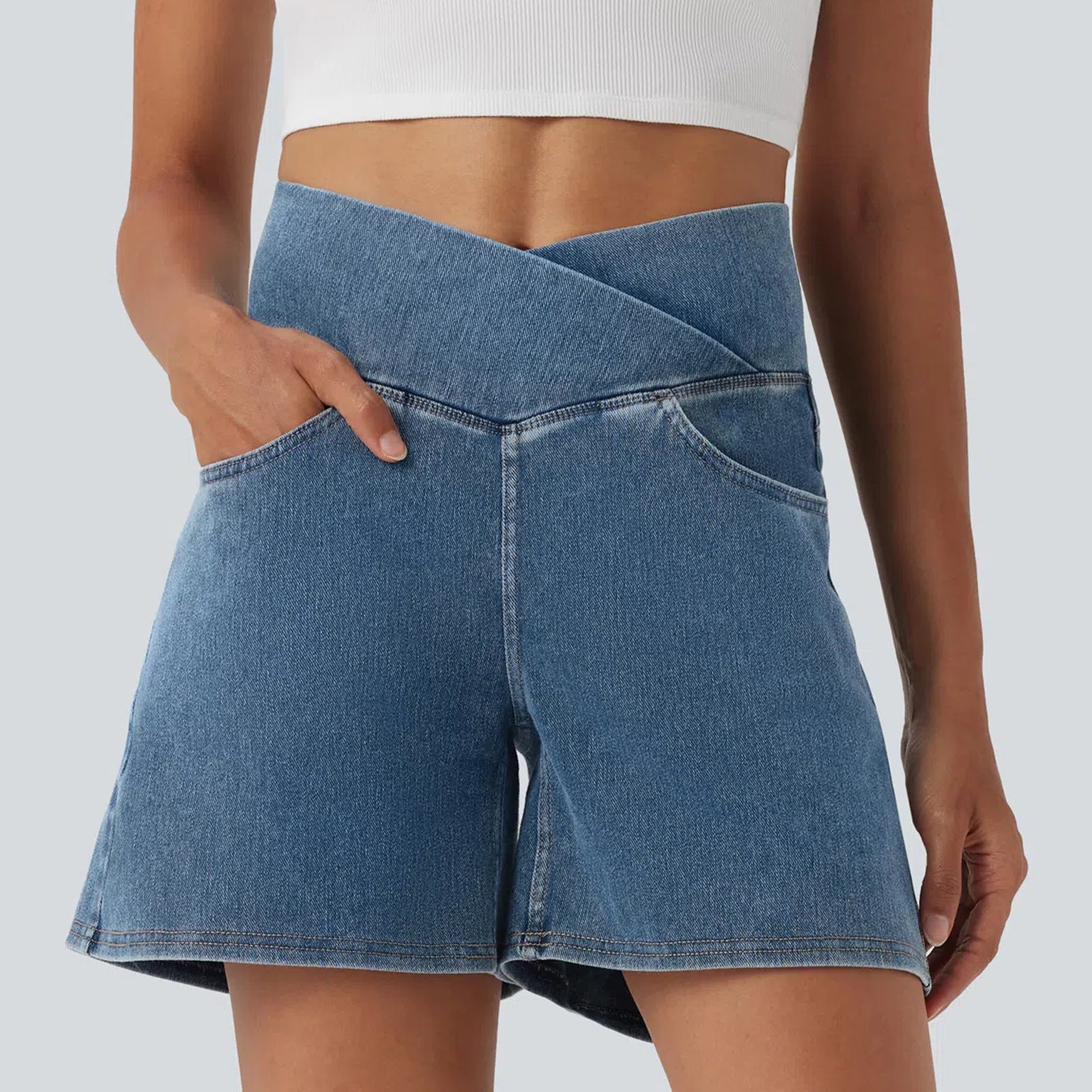 Women's Washed Cross High Waist White Denim Stretch Casual Riding Shorts