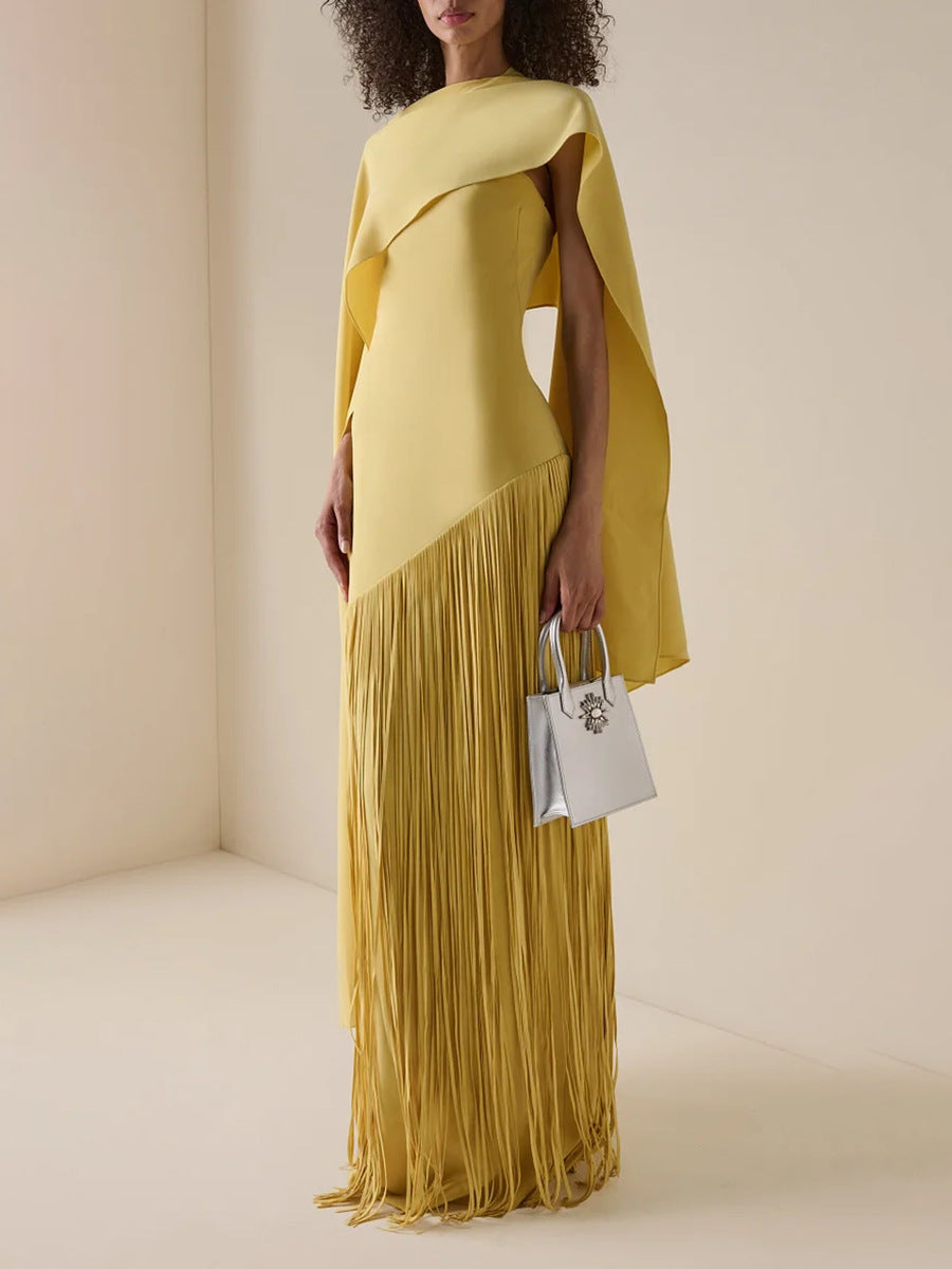 Women's Fashion Solid Color Shawl Design Sense Tassel Dress