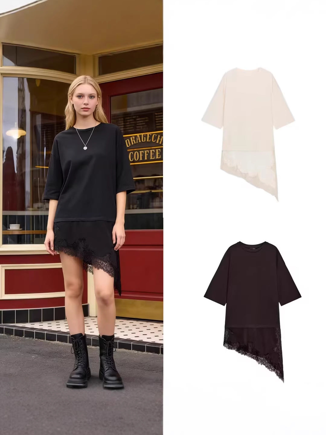 Women's Simple Straight Round Neck Sleeve Lace Stitching Women's T-shirt