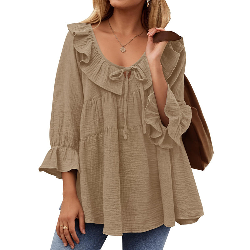 Women's Neck Tied Front Dart Loose Waist Women's T-shirt