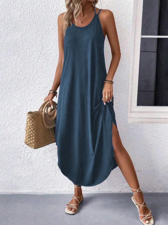 Summer Solid Color High Sense Round Neck Camisole Dress