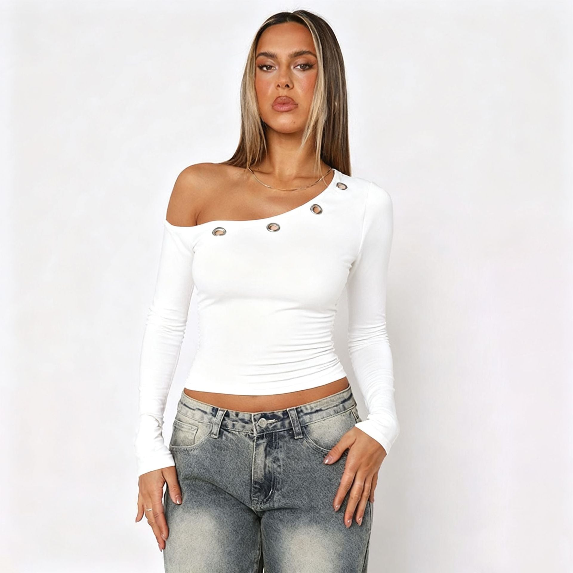 Women's Autumn Cold-shoulder Corns Solid Color Cropped Tops