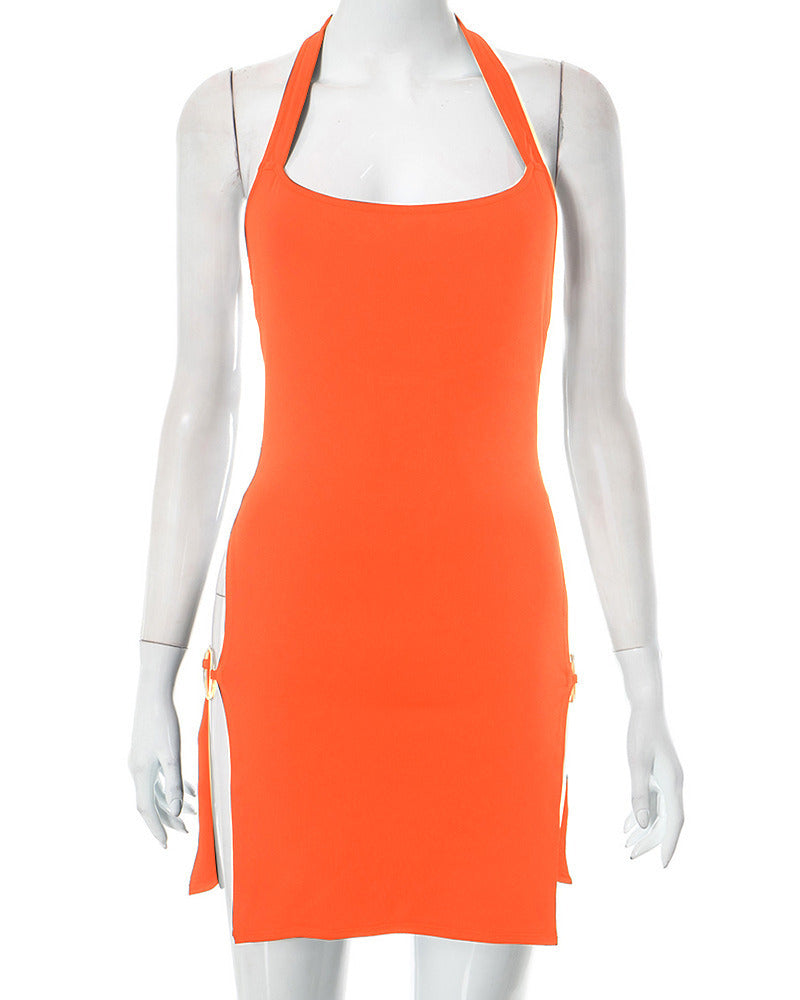 Summer Solid Color Backless Halter Sexy Hot Dress
