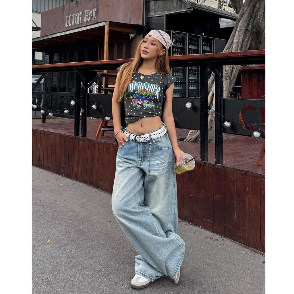 Women's Blue High Waist Wash Autumn Loose Wide Leg Women's Jeans