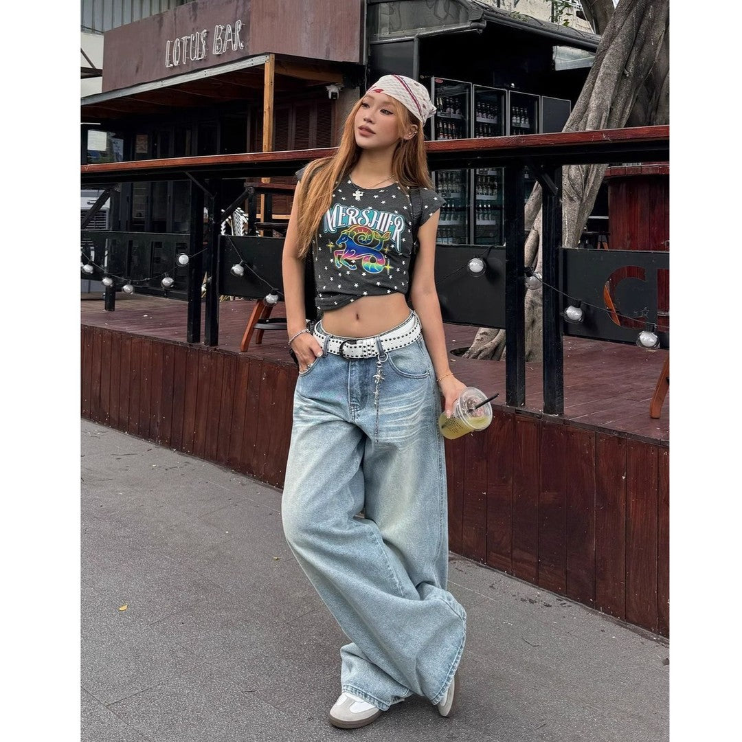 Women's Blue High Waist Wash Autumn Loose Wide Leg Women's Jeans